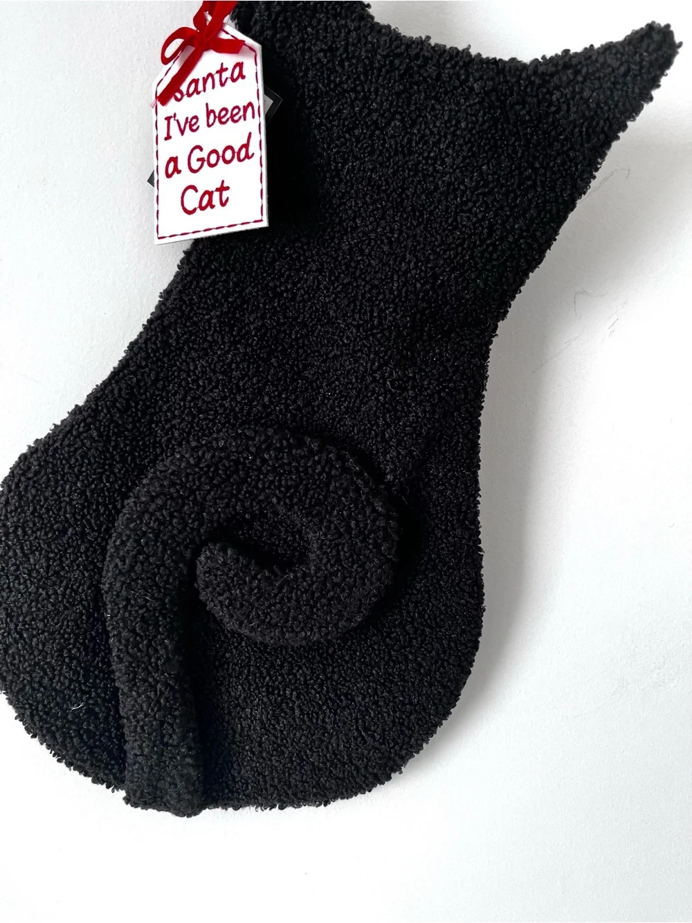 Black Cat Shaped Christmas Stocking Plush Fuzzy Santa I’ve Been A Good Cat Lined